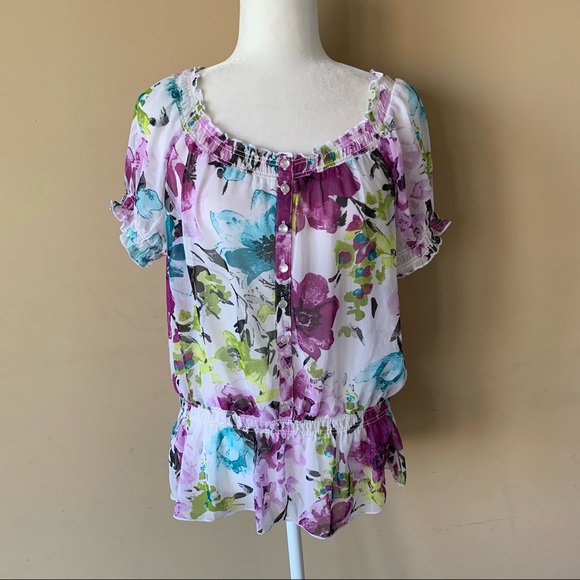 I.N. Studio Large White Purple Flower Shirt Top - Picture 1 of 4